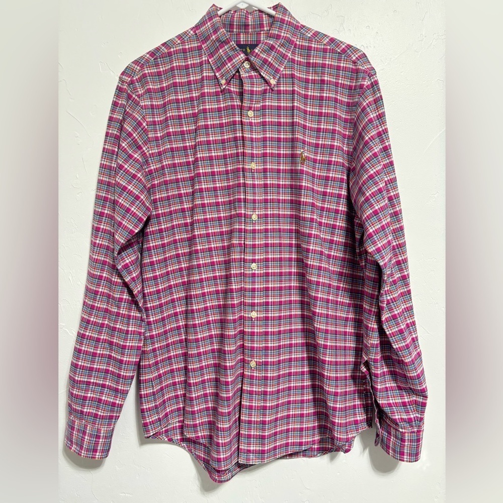 Ralph Lauren Men's Button Down Long Sleeve Plaid Pink Blue Cotton Medium